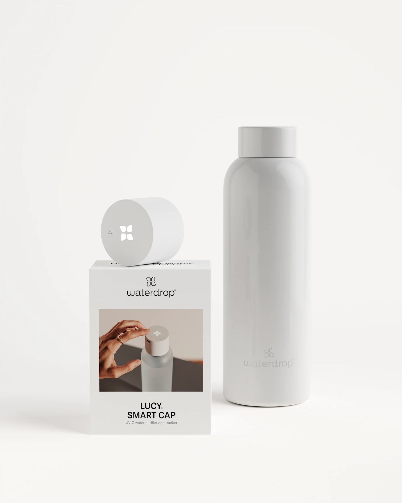 LUCY® Smart Cap Set: A white glass bottle with a black top, box, and logo. A hand demonstrates the smart cap feature.