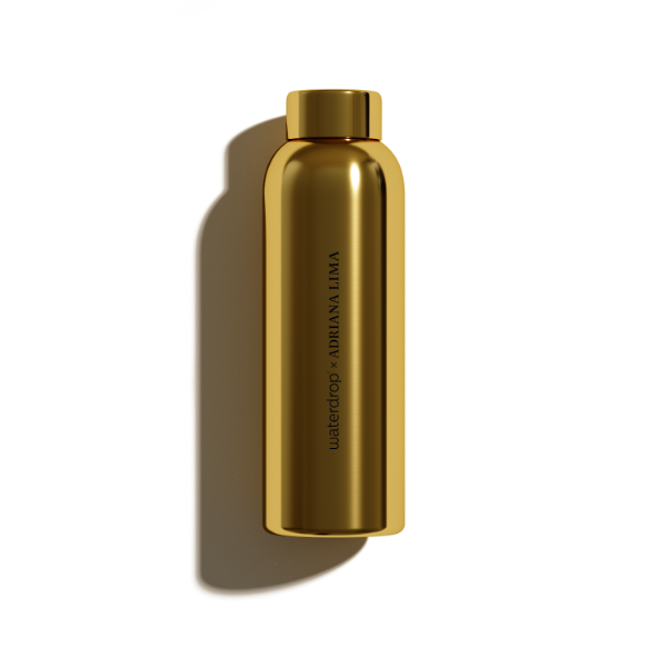 ORO Thermo Steel Bottle with Adriana Lima engraving, viewed close-up, showcasing its sleek cylindrical design.