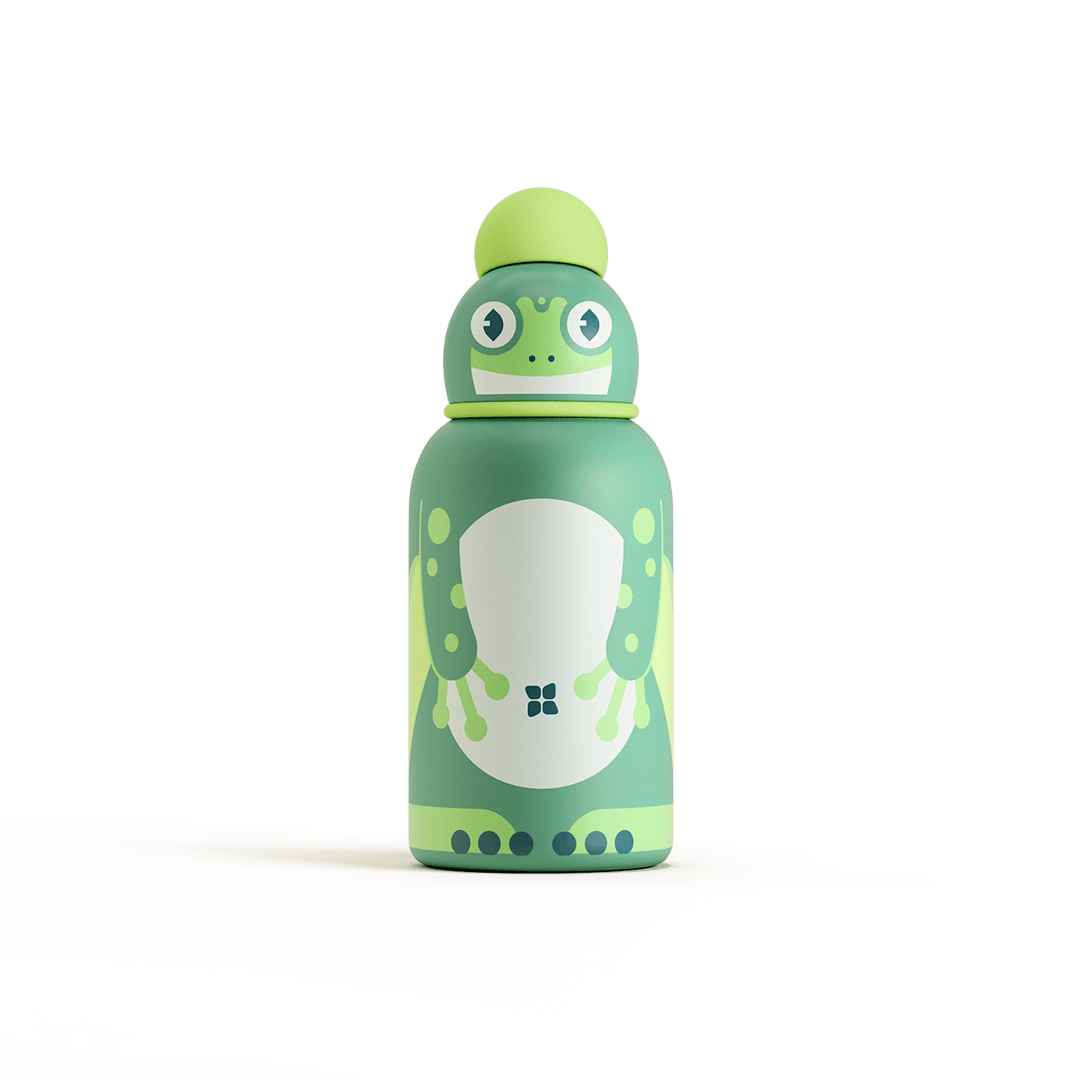 Toddler Bottle Steel with frog design, featuring a special drink opening and durable stainless steel construction, perfect for toddlers.