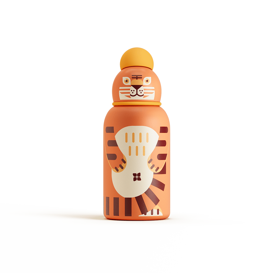 Toddler Bottle Steel featuring a cat design, made of high-quality stainless steel with a special drink opening, designed for toddlers.